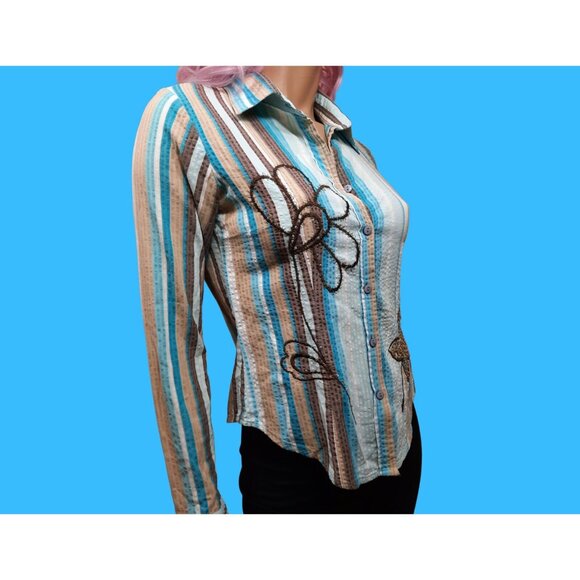 Vintage 90s Y2K Fitted Striped Button Up Shirt Size M Embroidered Blue Brown - Picture 4 of 7